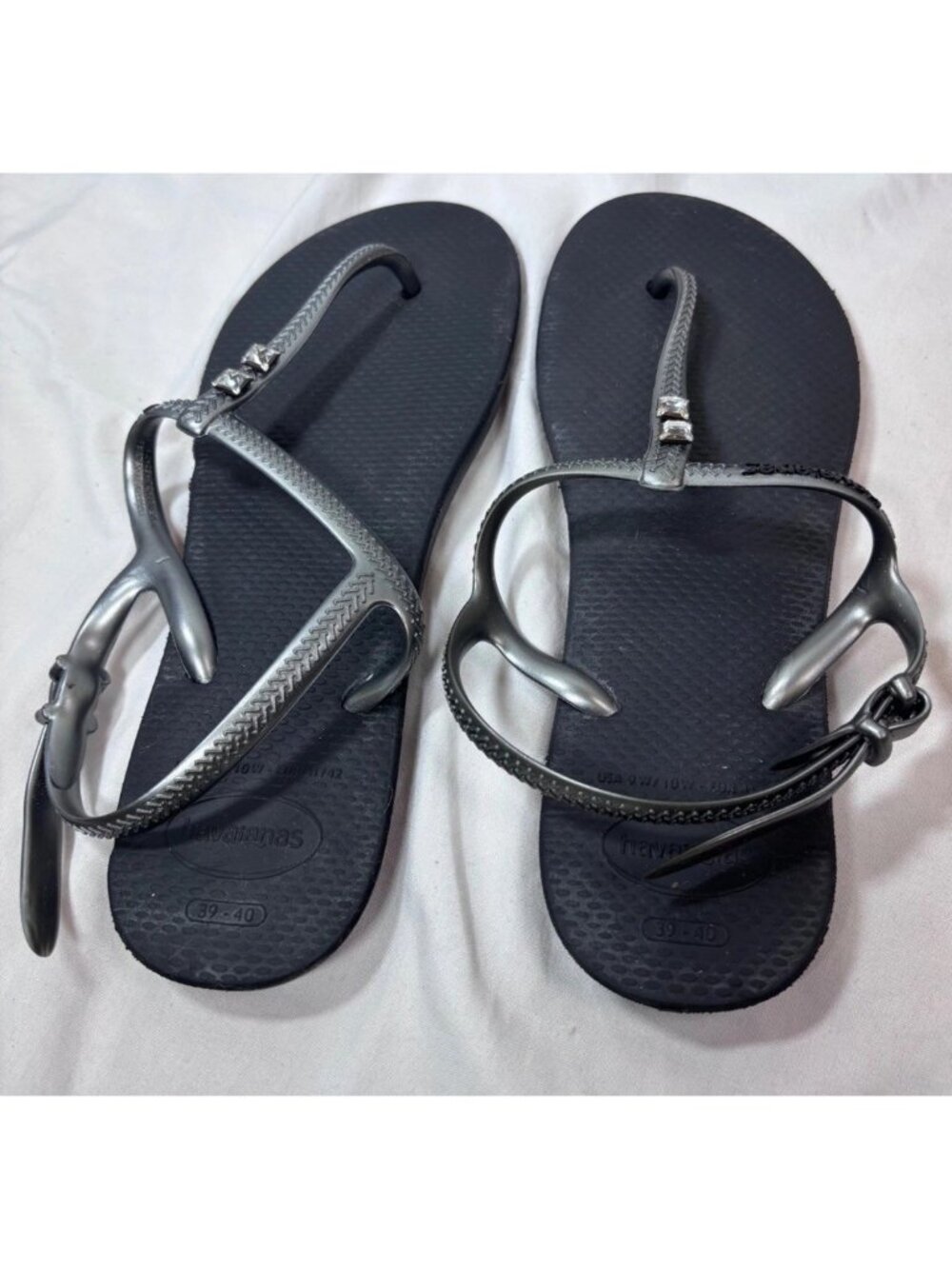 Havaianas Luna Special Sandals Womens 9/10 Black Pewter Swarovski Crystal Brazil